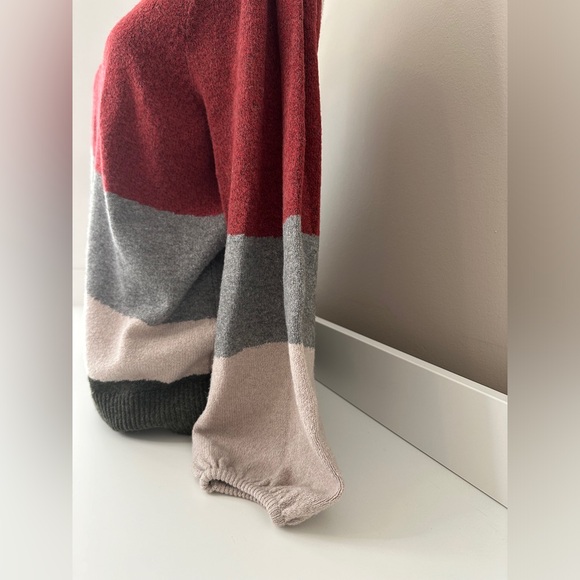 Striped Women’s Sweater with Bell Sleeves and Mock Turtleneck - Picture 2 of 7